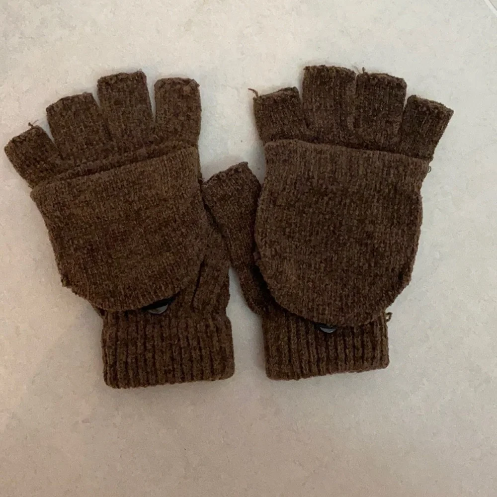 Women men Unisex Brown knit winter mittens gloves multi use covered fingers